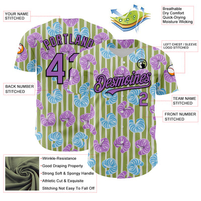 Custom Olive Medium Purple-Black 3D Pattern Design Tropical Anthurium Flower Authentic Baseball Jersey