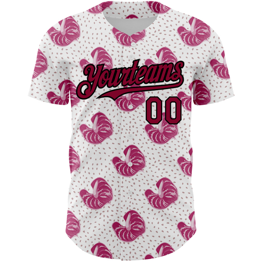 Custom White Maroon-Black 3D Pattern Design Tropical Anthurium Flower Authentic Baseball Jersey