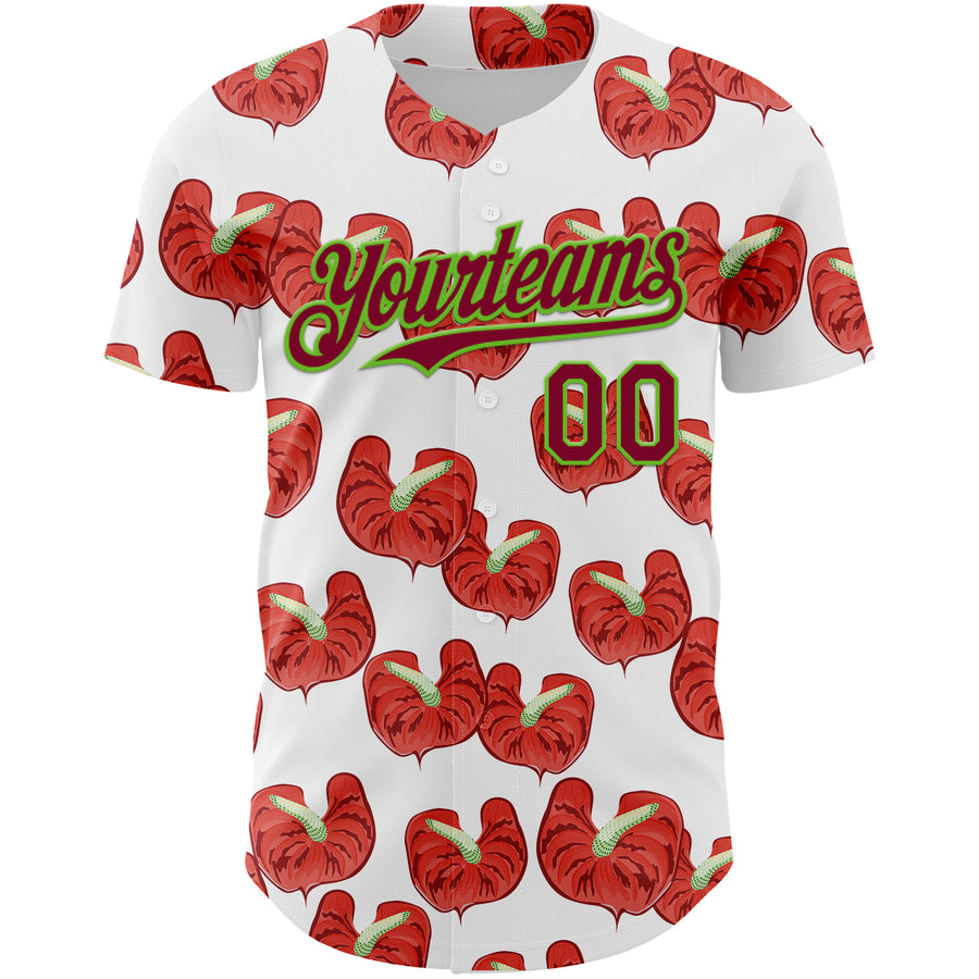 Custom White Maroon-Aurora Green 3D Pattern Design Tropical Anthurium Flower Authentic Baseball Jersey