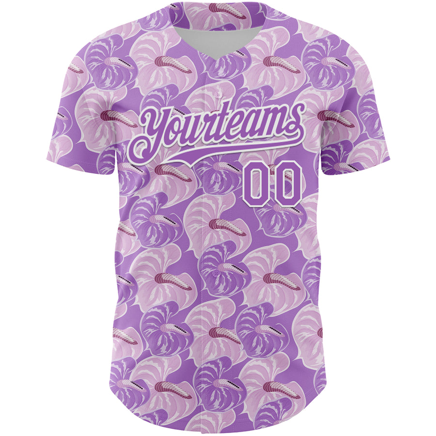 Custom Light Purple White 3D Pattern Design Tropical Anthurium Flower Authentic Baseball Jersey