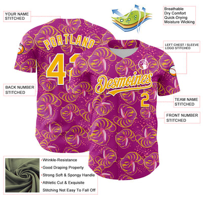 Custom Deep Pink Gold-White 3D Pattern Design Tropical Anthurium Flower Authentic Baseball Jersey