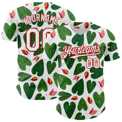 Custom White Red 3D Pattern Design Tropical Anthurium Flower Authentic Baseball Jersey