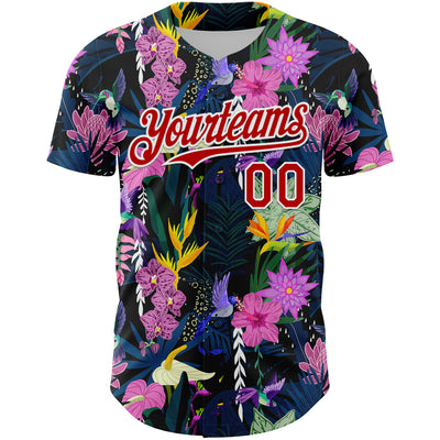 Custom Black Red-White 3D Pattern Design Tropical Anthurium Flower Authentic Baseball Jersey