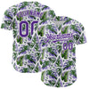 Custom White Purple 3D Pattern Design Tropical Monstera Authentic Baseball Jersey