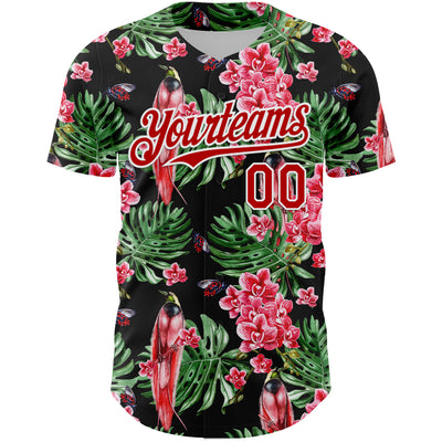 Custom Black Red-White 3D Pattern Design Tropical Plant And Bird Authentic Baseball Jersey