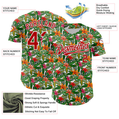 Custom White Red 3D Pattern Design Tropical Flower Authentic Baseball Jersey