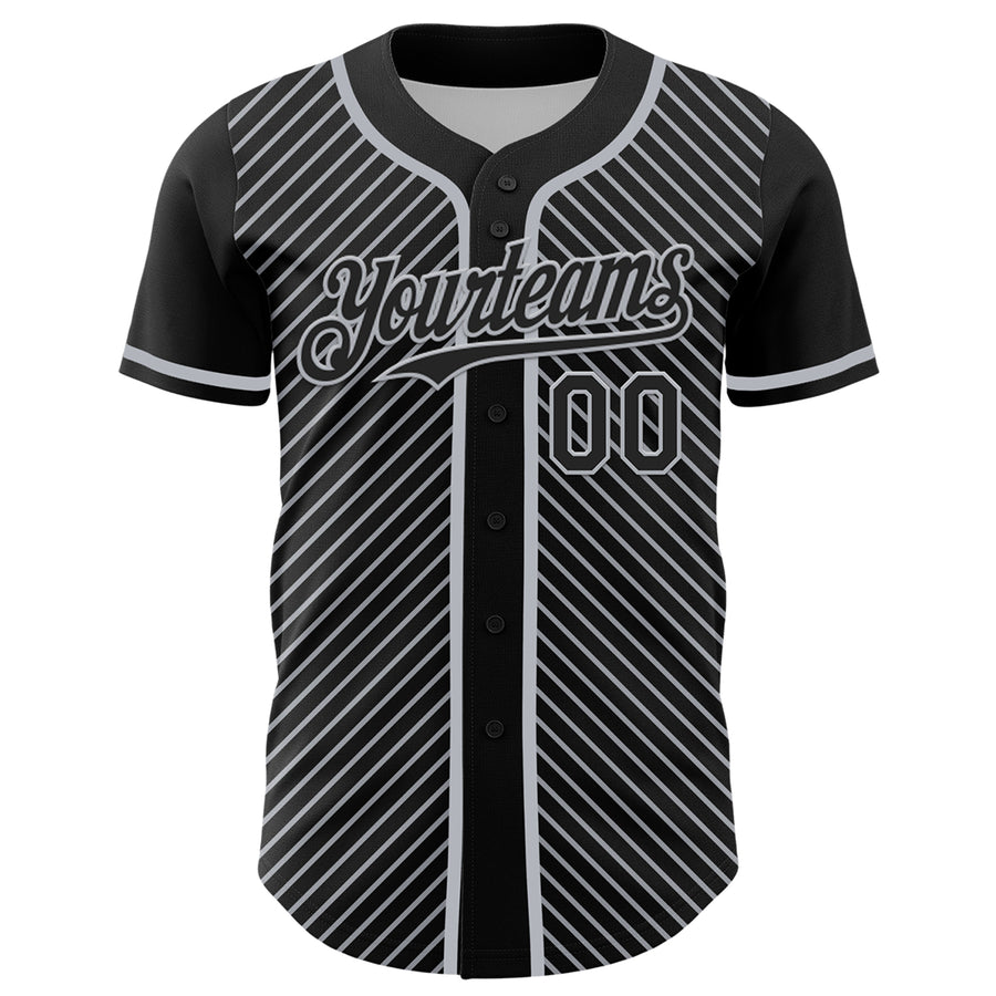 Custom Black Gray 3D Pattern Design Diagonal Stripes Authentic Baseball Jersey