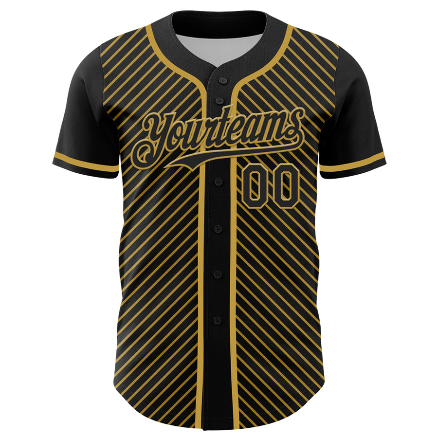 Custom Black Old Gold 3D Pattern Design Diagonal Stripes Authentic Baseball Jersey