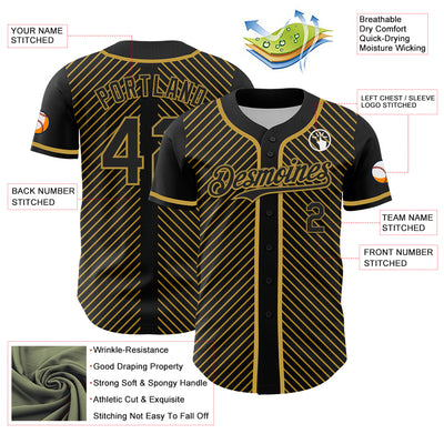 Custom Black Old Gold 3D Pattern Design Diagonal Stripes Authentic Baseball Jersey