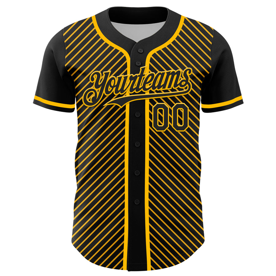 Custom Black Gold 3D Pattern Design Diagonal Stripes Authentic Baseball Jersey