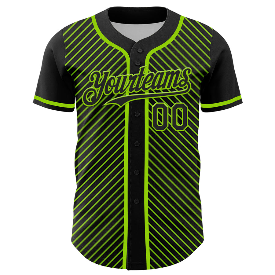 Custom Black Neon Green 3D Pattern Design Diagonal Stripes Authentic Baseball Jersey