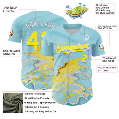 Custom Ice Blue Light Yellow-White 3D Pattern Design Abstract Liquid Fluid Art Authentic Baseball Jersey