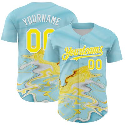 Custom Ice Blue Light Yellow-White 3D Pattern Design Abstract Liquid Fluid Art Authentic Baseball Jersey