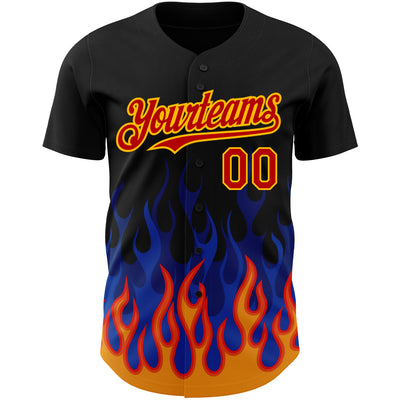 Custom Black Red-Gold 3D Pattern Design Flame Authentic Baseball Jersey