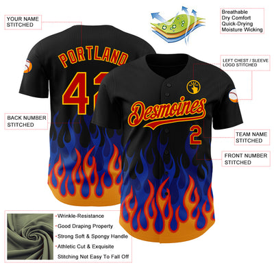 Custom Black Red-Gold 3D Pattern Design Flame Authentic Baseball Jersey