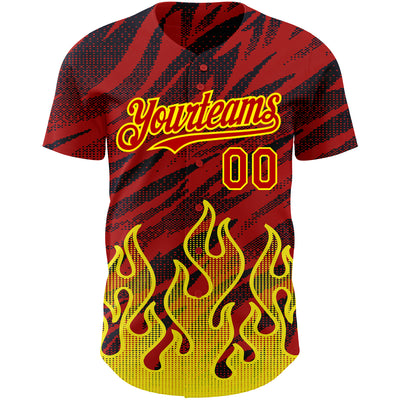 Custom Red Black-Light Yellow 3D Pattern Design Flame Authentic Baseball Jersey