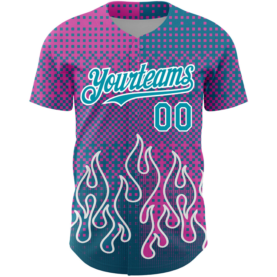 Custom Pink Teal-White 3D Pattern Design Flame Authentic Baseball Jersey