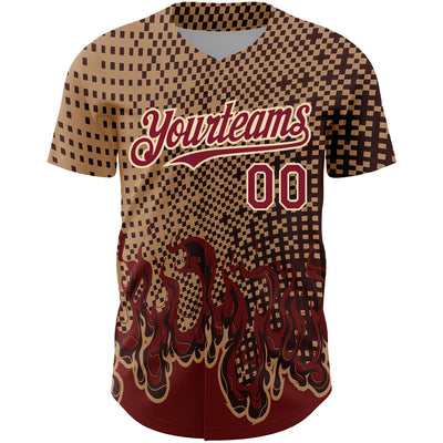 Custom Old Gold Crimson-City Cream 3D Pattern Design Flame Authentic Baseball Jersey