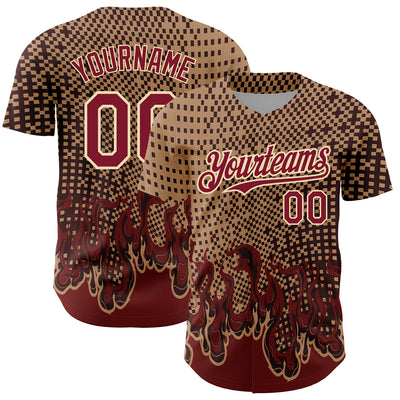 Custom Old Gold Crimson-City Cream 3D Pattern Design Flame Authentic Baseball Jersey