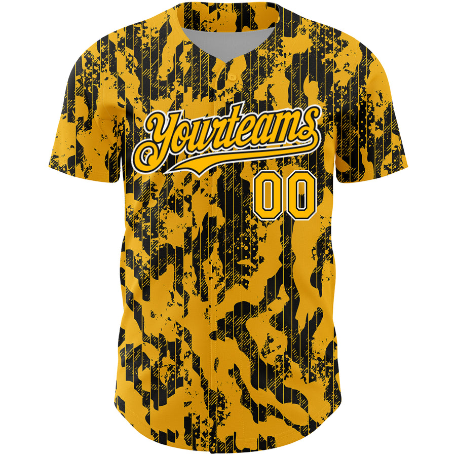 Custom Gold Black-White 3D Pattern Design Abstract Fluid Authentic Baseball Jersey