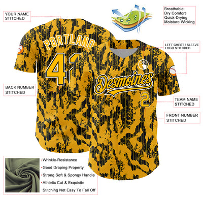 Custom Gold Black-White 3D Pattern Design Abstract Fluid Authentic Baseball Jersey