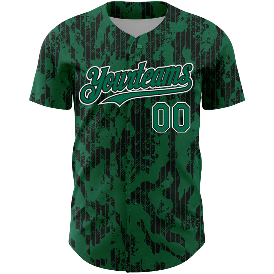 Custom Kelly Green Black-White 3D Pattern Design Abstract Fluid Authentic Baseball Jersey