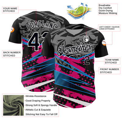 Custom Black Pink-White 3D Pattern Design Splatter Art Authentic Baseball Jersey