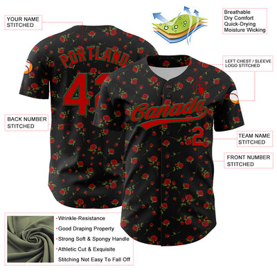 Custom Black Red-Green 3D Pattern Design Gothic Style Rose Authentic Baseball Jersey