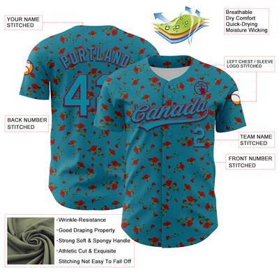 Custom Teal Maroon 3D Pattern Design Gothic Style Rose Authentic Baseball Jersey