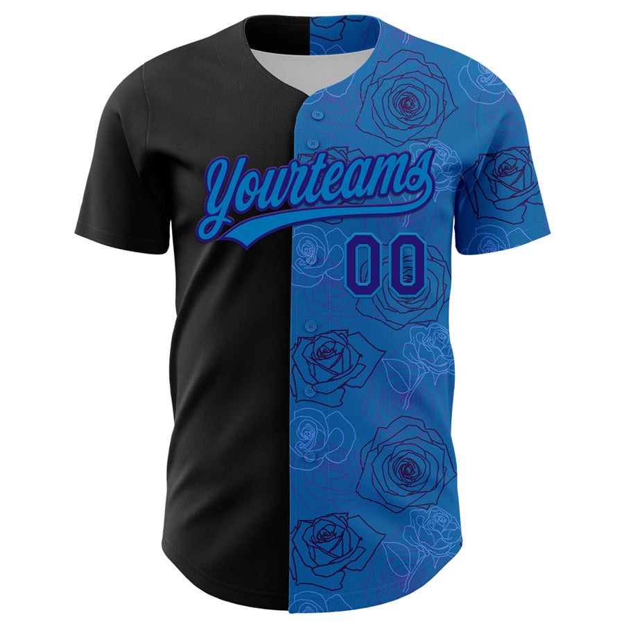 Custom Blue Dark Purple-Black 3D Pattern Design Gothic Style Rose Authentic Baseball Jersey