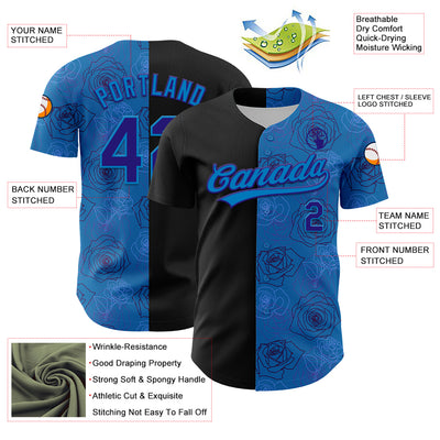 Custom Blue Dark Purple-Black 3D Pattern Design Gothic Style Rose Authentic Baseball Jersey