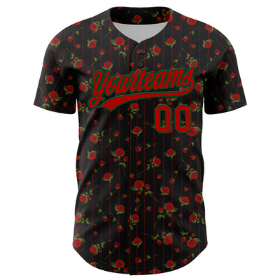 Custom Black Red-Green 3D Pattern Design Gothic Style Rose Authentic Baseball Jersey