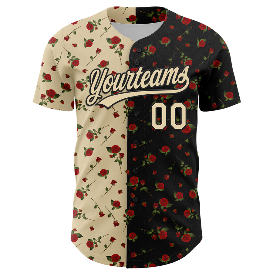 Custom Black Cream 3D Pattern Design Gothic Style Rose Authentic Baseball Jersey