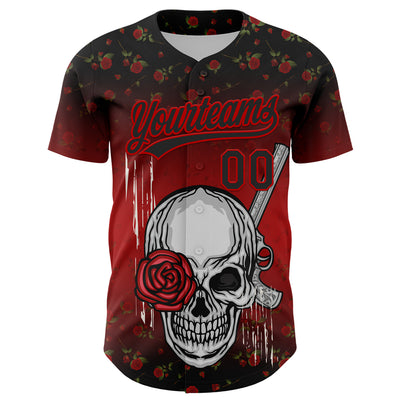 Custom Black Red 3D Pattern Design Gothic Style Skull With Rose And Gun Authentic Baseball Jersey