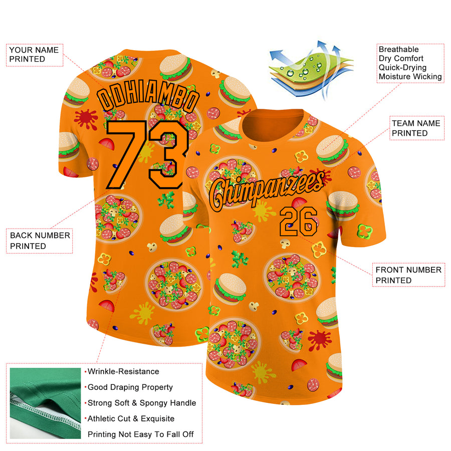 Custom Bay Orange Black 3D Pattern Design Food Pizza And Burger Performance T-Shirt