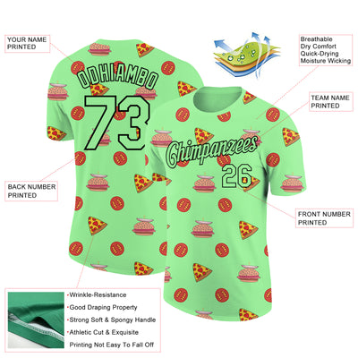 Custom Pea Green Black 3D Pattern Design Food Pizza And Burger Performance T-Shirt