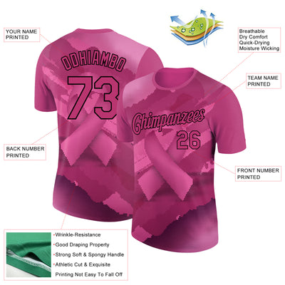 Custom Hot Pink Black 3D Pink Ribbon Breast Cancer Performance T-Shirt