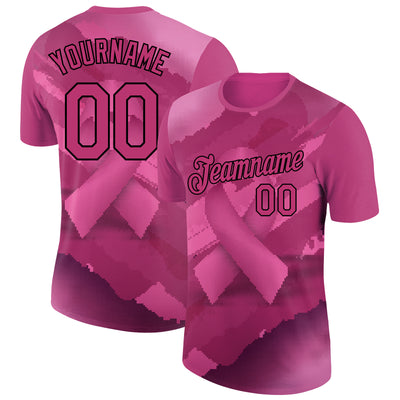 Custom Hot Pink Black 3D Pink Ribbon Breast Cancer Performance T-Shirt