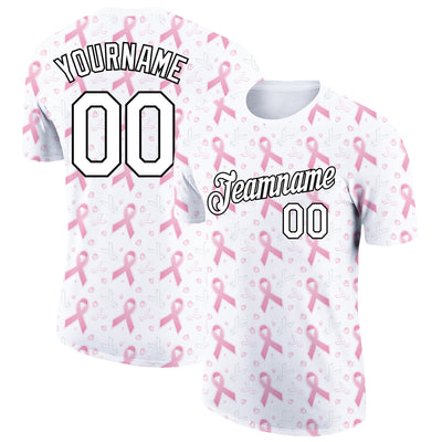 Custom White Black 3D Pink Ribbon Breast Cancer Performance T-Shirt