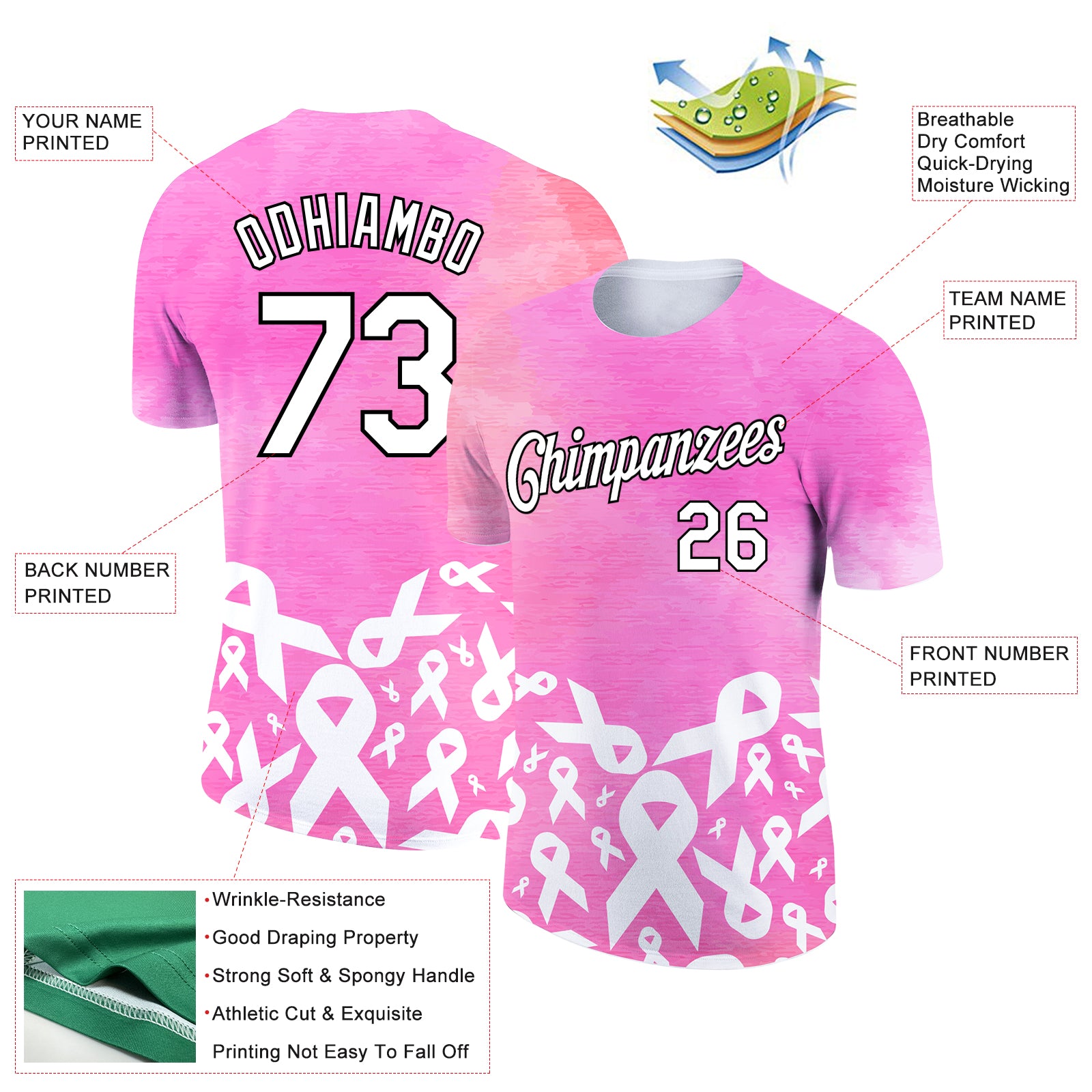 Custom Pink White-Black 3D Pink Ribbon Breast Cancer Performance T-Shirt