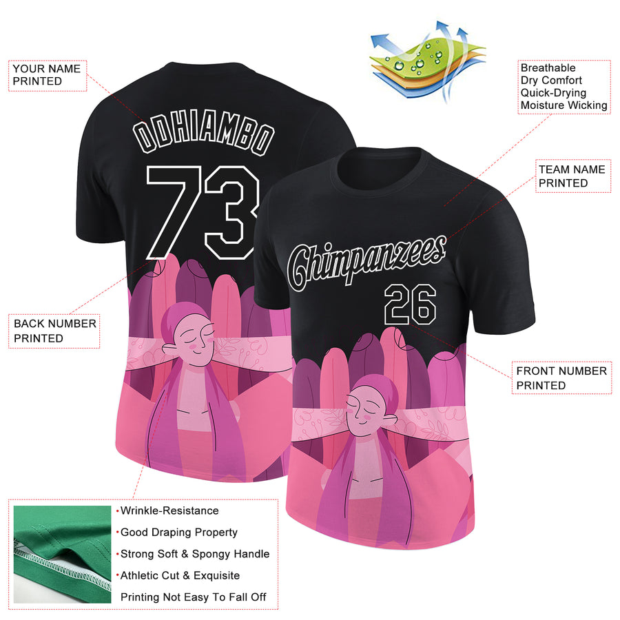 Custom Black Pink-White 3D Pink Ribbon Breast Cancer Performance T-Shirt