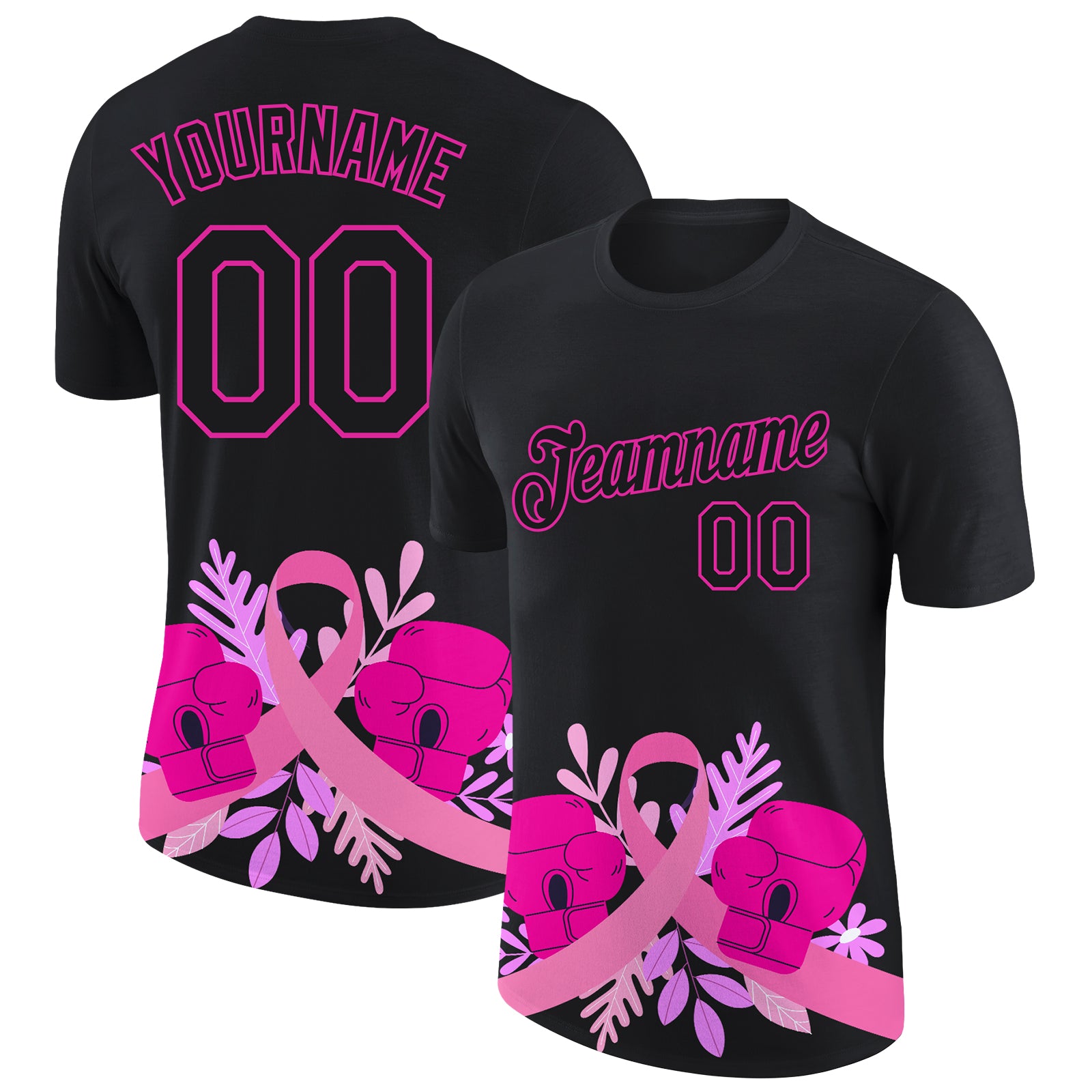 Custom Black Deep Pink 3D Pink Ribbon Breast Cancer Performance T-Shirt