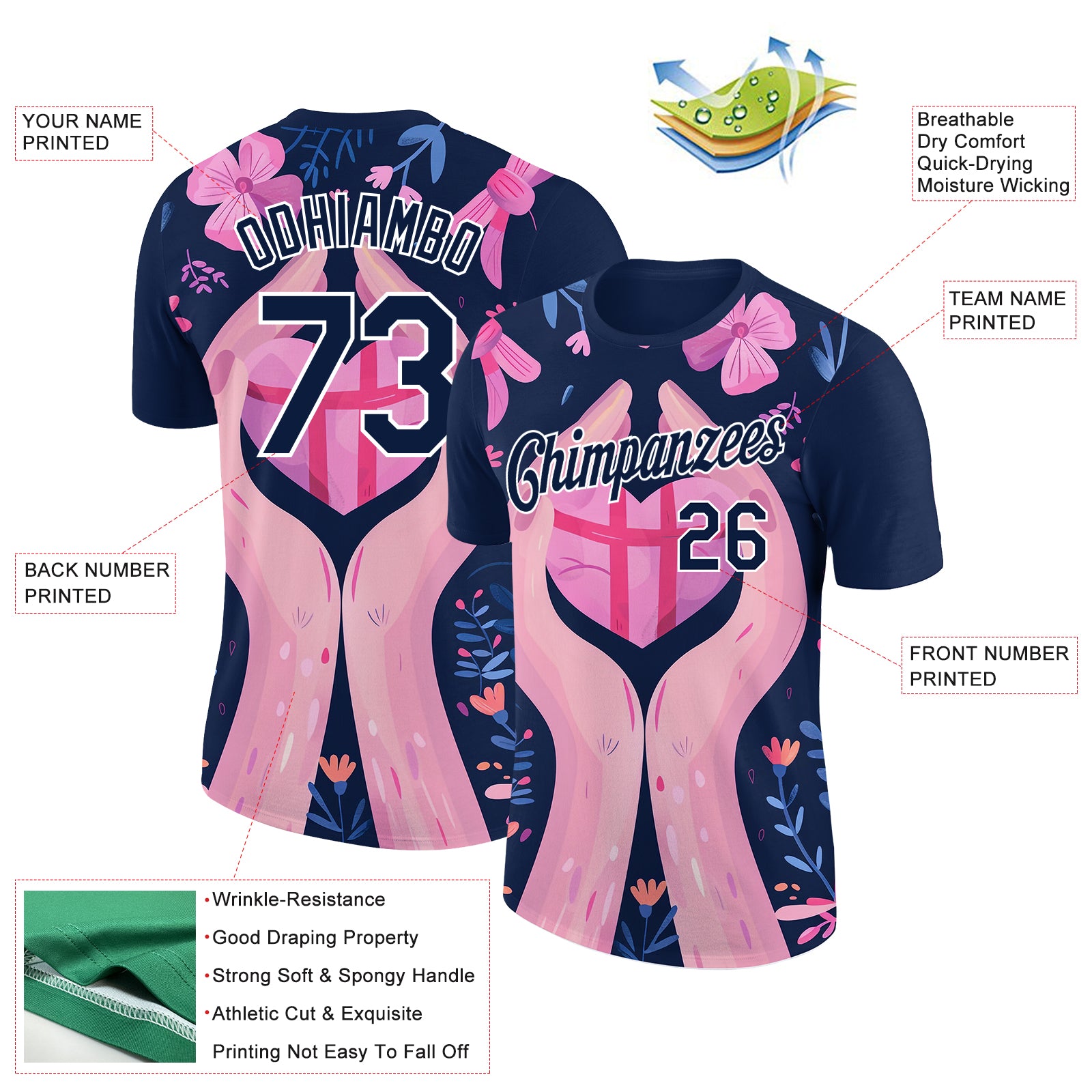 Custom Navy White 3D Pink Ribbon Breast Cancer Performance T-Shirt