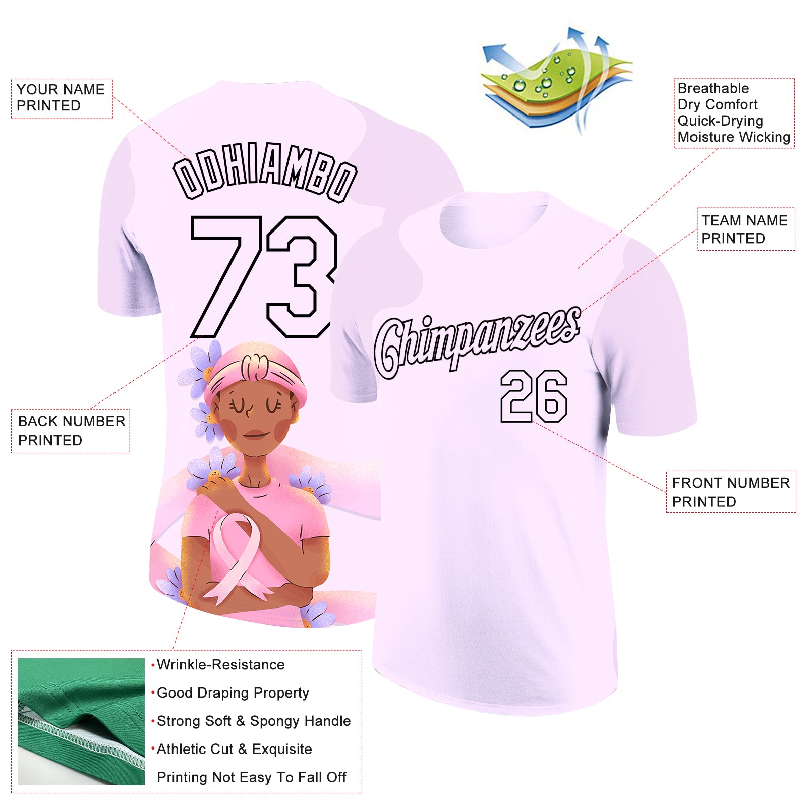 Custom Light Purple Black 3D Pink Ribbon Breast Cancer Performance T-Shirt