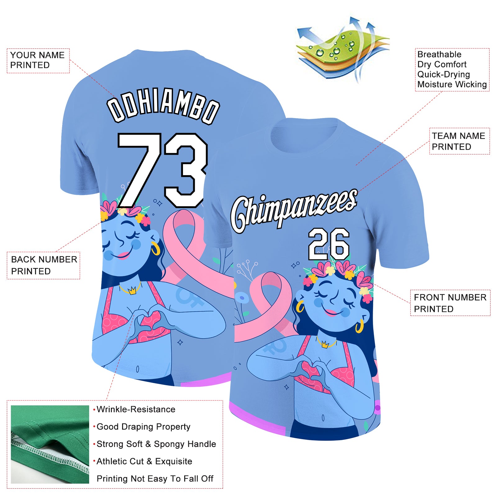 Custom Light Blue White-Black 3D Pink Ribbon Breast Cancer Performance T-Shirt