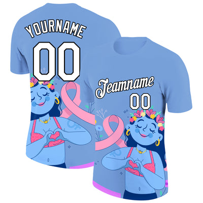 Custom Light Blue White-Black 3D Pink Ribbon Breast Cancer Performance T-Shirt