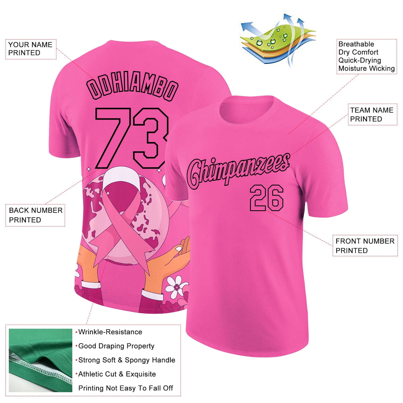 Custom Pink Black 3D Pink Ribbon Breast Cancer Performance T-Shirt