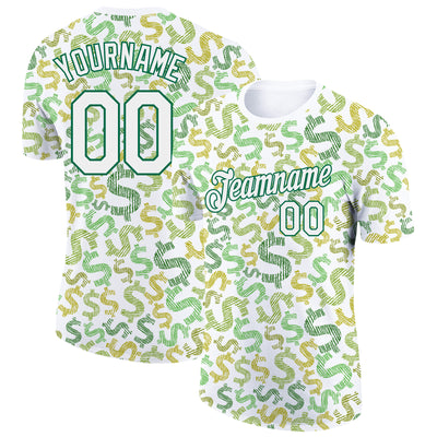 Custom White Kelly Green 3D Pattern Design Dollar Sign Money Theme Performance T-Shirt