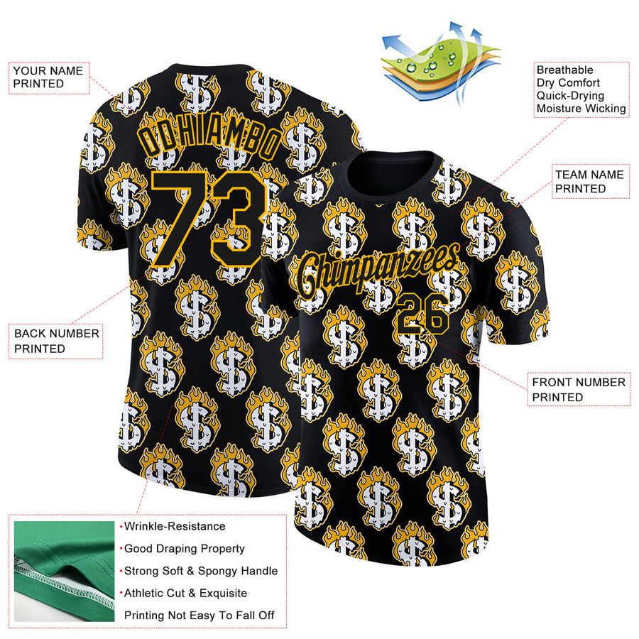 Custom Black Gold 3D Pattern Design Burnfiring Dollar Sign Money Theme Performance T-Shirt