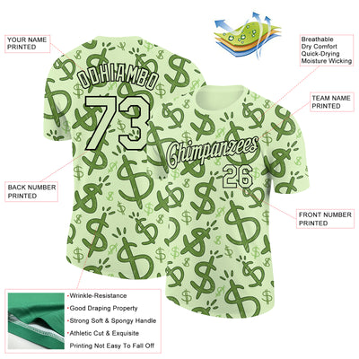 Custom Pea Green Black 3D Pattern Design Dollar Sign Money Theme Performance T-Shirt